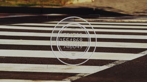 Digital data processing animation over crosswalk on urban street