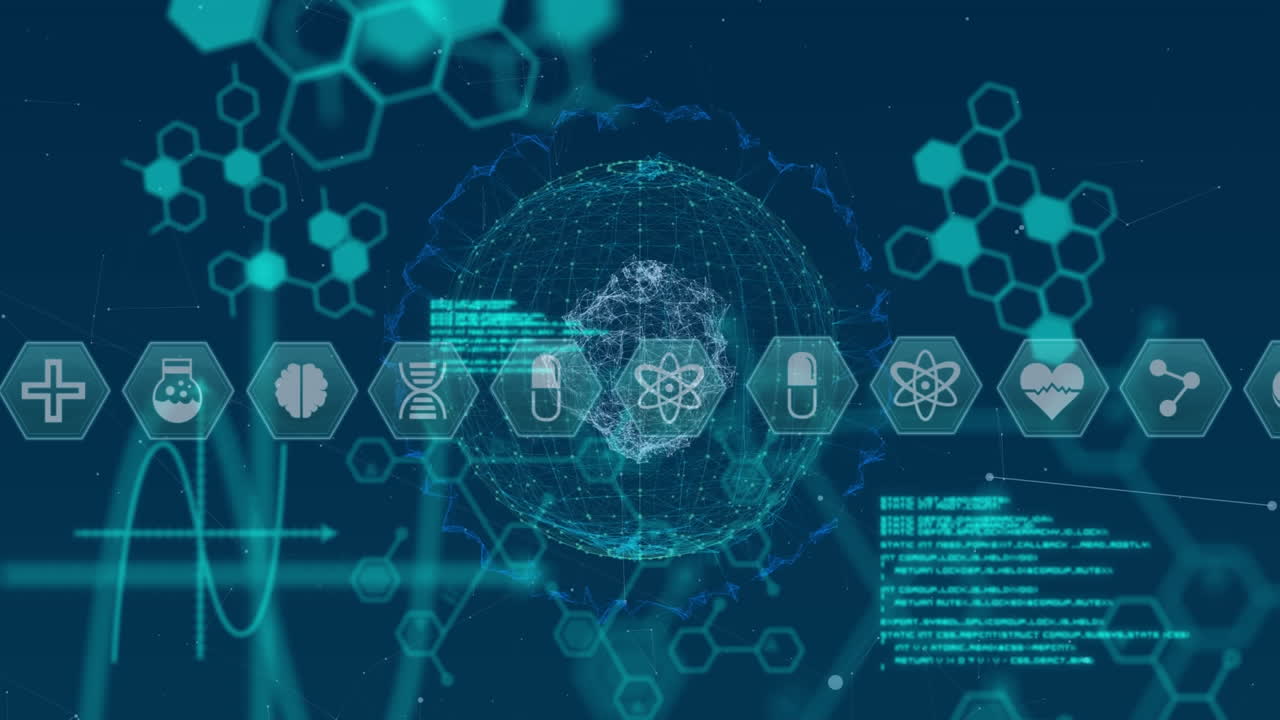 파란색 배경의 지구에 대한 의료 데이터 처리