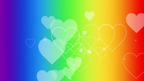 animation of multiple hearts moving on seamless loop over rainbow background