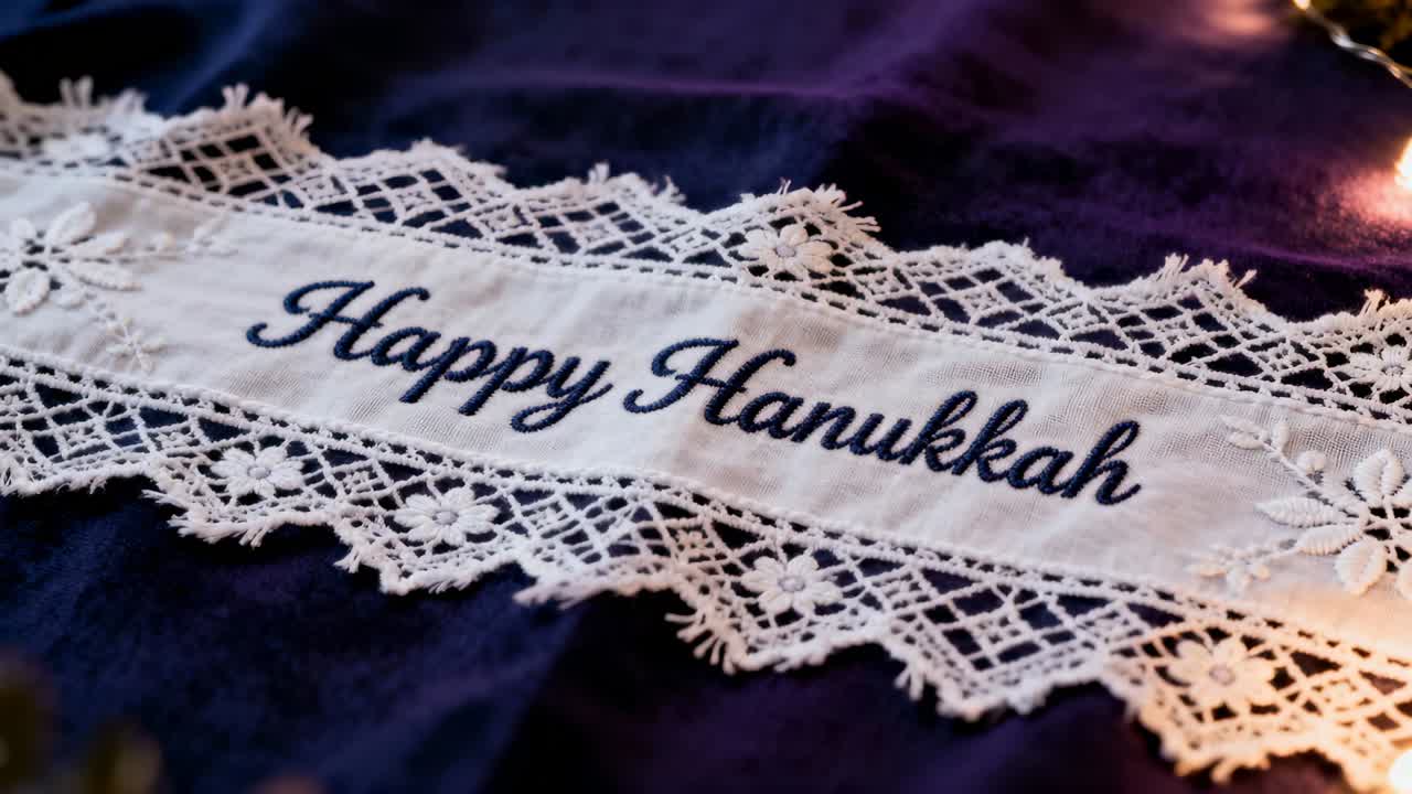 Moving camera pulling white embroidered ribbon into focus on purple cloth, showing Happy Hanukkah