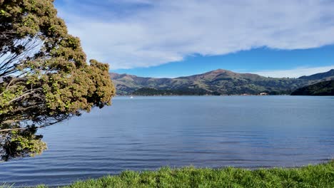 aerial footage captures akaroa's serene lake and surrounding mountains under clear skies, showcasing natural beauty and calmness