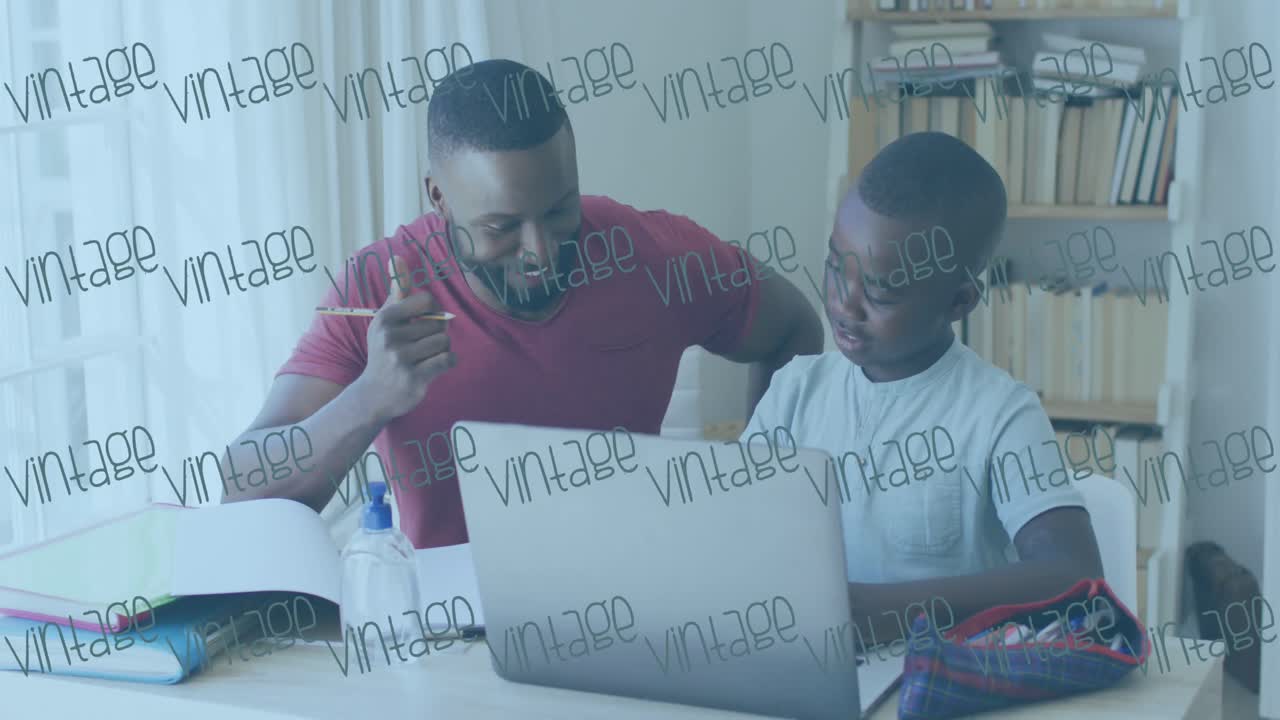 Animation of vintage text banners over african american father helping son in homework at home