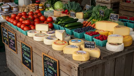 a colorful farmer's market display featuring fresh produce, artisanal cheeses, and vibrant berries, showcasing the abundance of local harvests and culinary delights