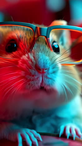 a hamster wearing glasses is looking at the camera. the image has a playful and lighthearted mood, as the hamster is dressed up in a funny outfit