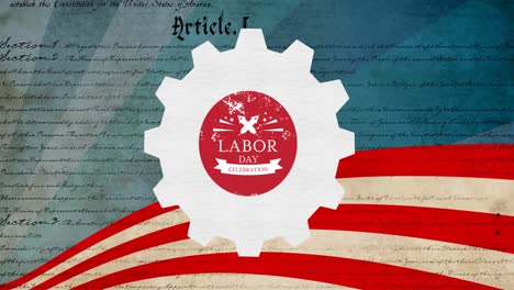 animation of labor day celebration text over cog and american flag