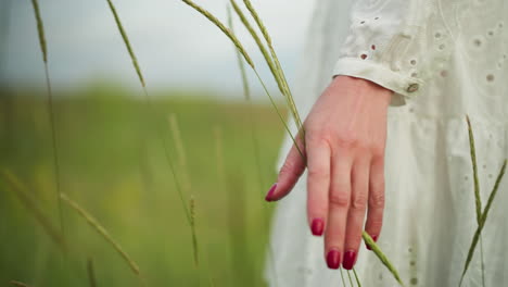 a close-up of a woman's hand, adorned with red nail polish and a silver ring, gently brushing tall grasses in a tranquil, green field. she is wearing a white, patterned dress