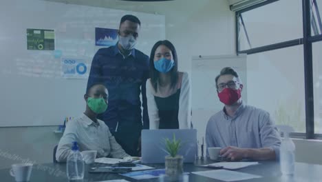 animation of data processing over diverse business people with face masks using laptop