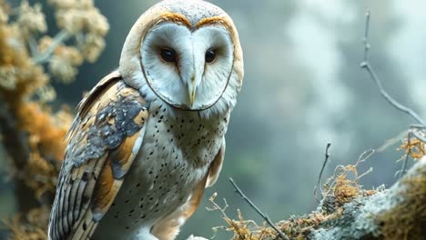 a barn owl perched on a tree branch in the woods