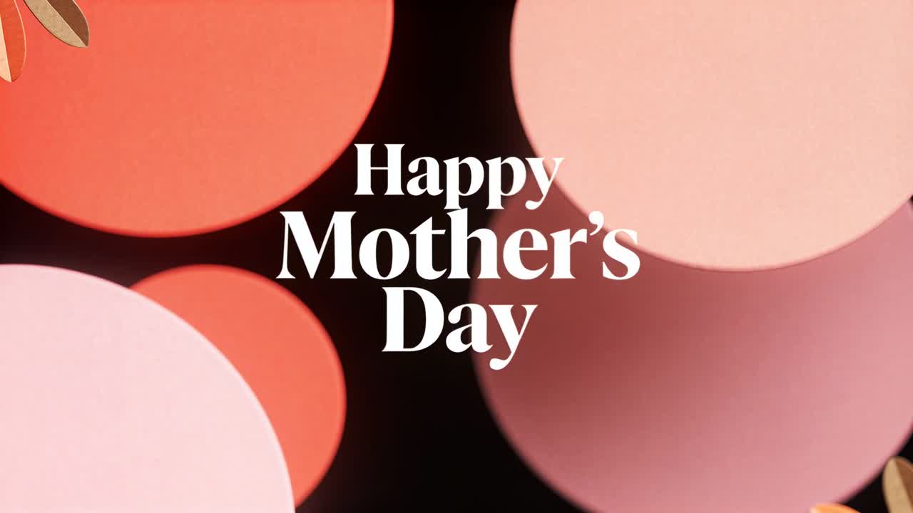Play starting bokeh shapes and petals shifting inward framing Happy Mother's Day for card design