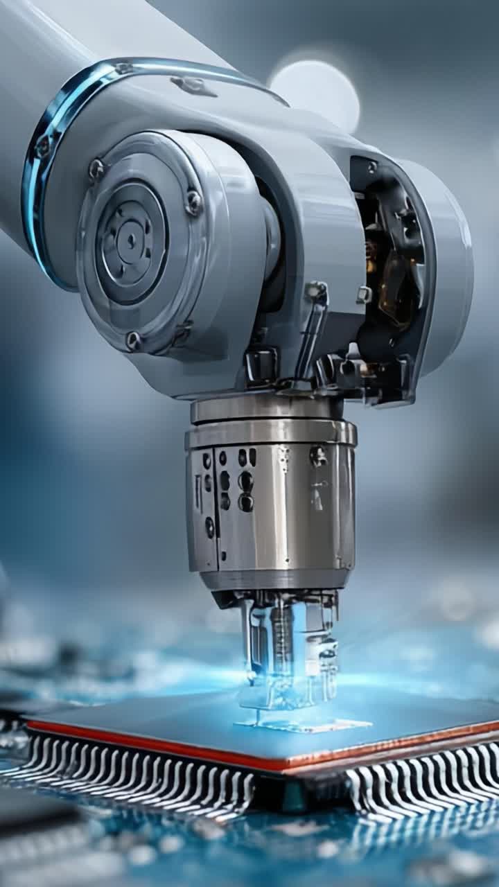 Brazo robótico avanzado de precisión manipulando componentes de microchips en un entorno de laboratorio de alta tecnología, que muestra la tecnología de automatización y la innovación más vanguardistas