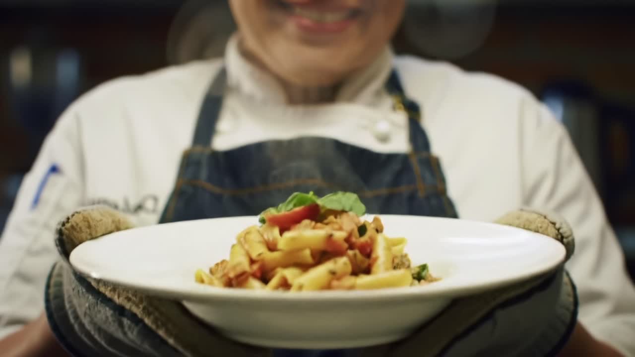 Uno chef presenta un delizioso piatto di pasta in un vivace ristorante di sera