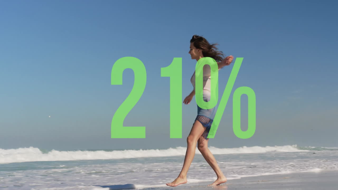 Animation of woman at beach with large green 33% text overlay