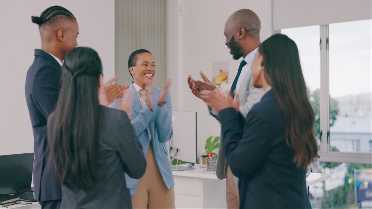 Business people, applause and staff