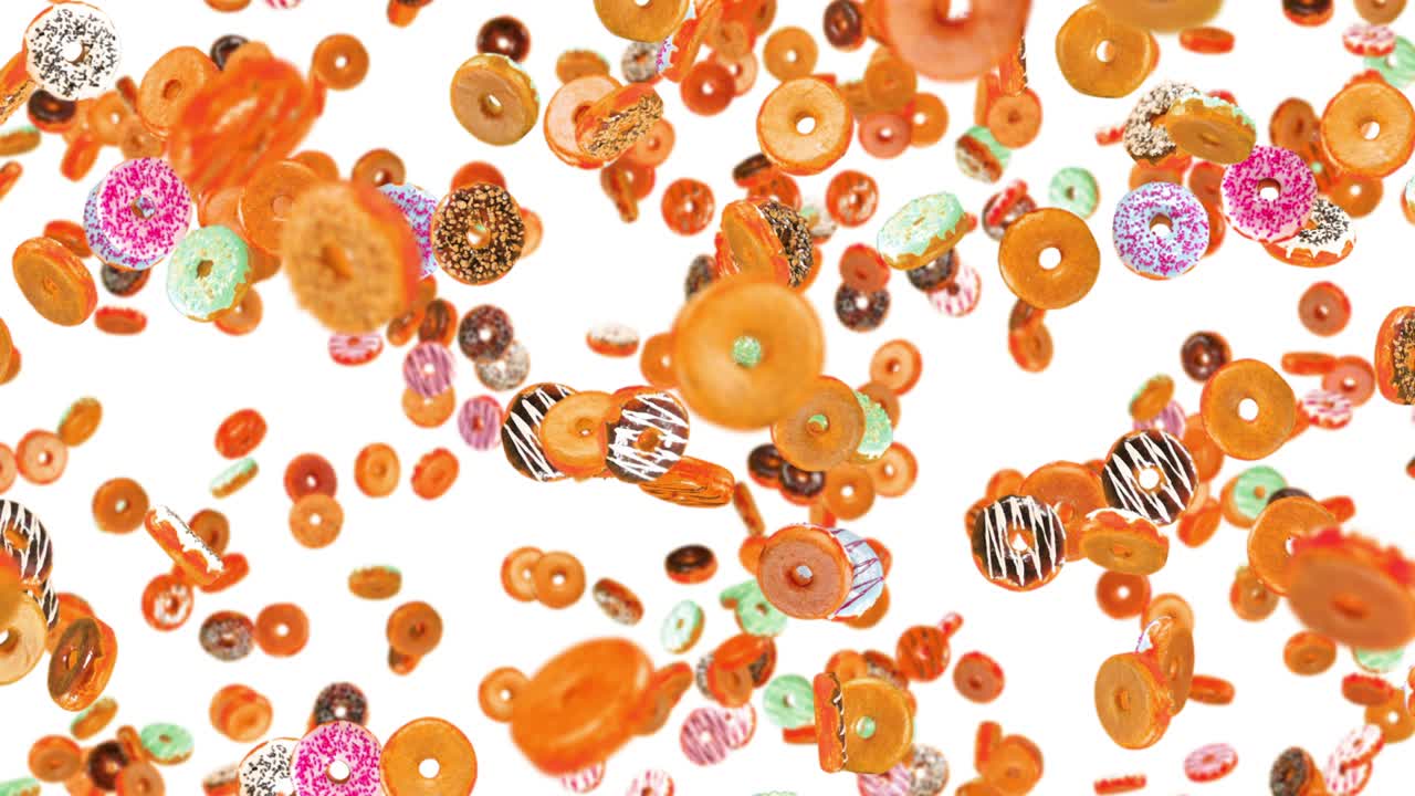 색 배경에 많은 다채로운 도을 날아. 도 케이크, 과자, 디저트. 도 회전의 3d 애니메이션. 루프 애니메이션.