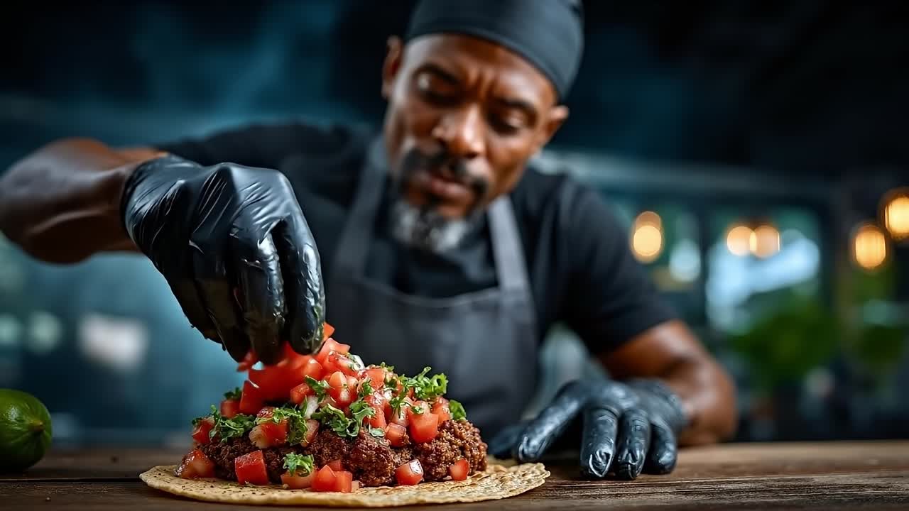 A man in a chef's hat and black gloves preparing a taco