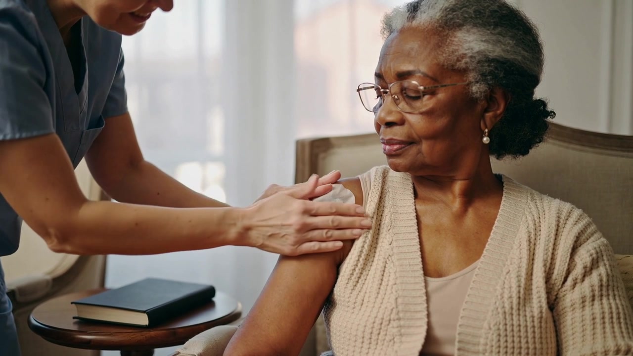Presenting patch, wipe, nurse in scrubs applying patch onto senior's upper arm in cardigan at home