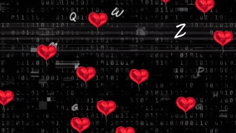 Multiple-red-heart-shaped-balloons-and-letters-floating-over-binary-coding-on-black-background