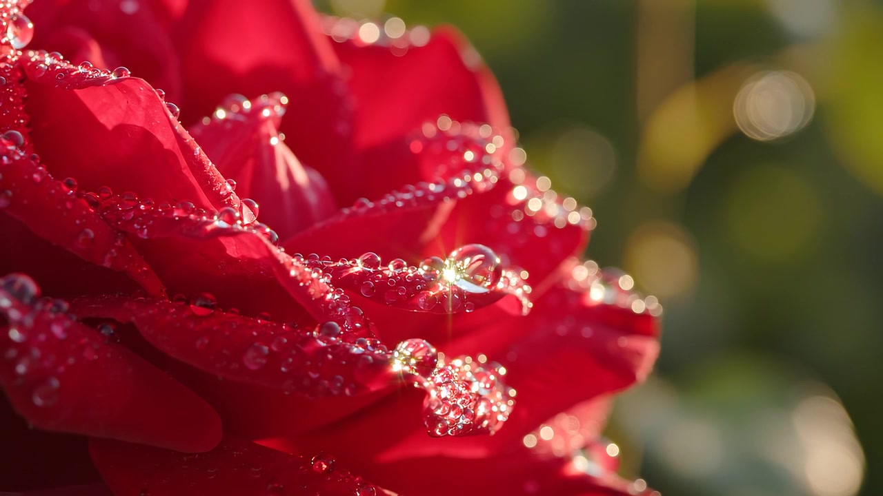 Macro di petali di rosa rossa con rugiada mattutina cristallina e scintillante