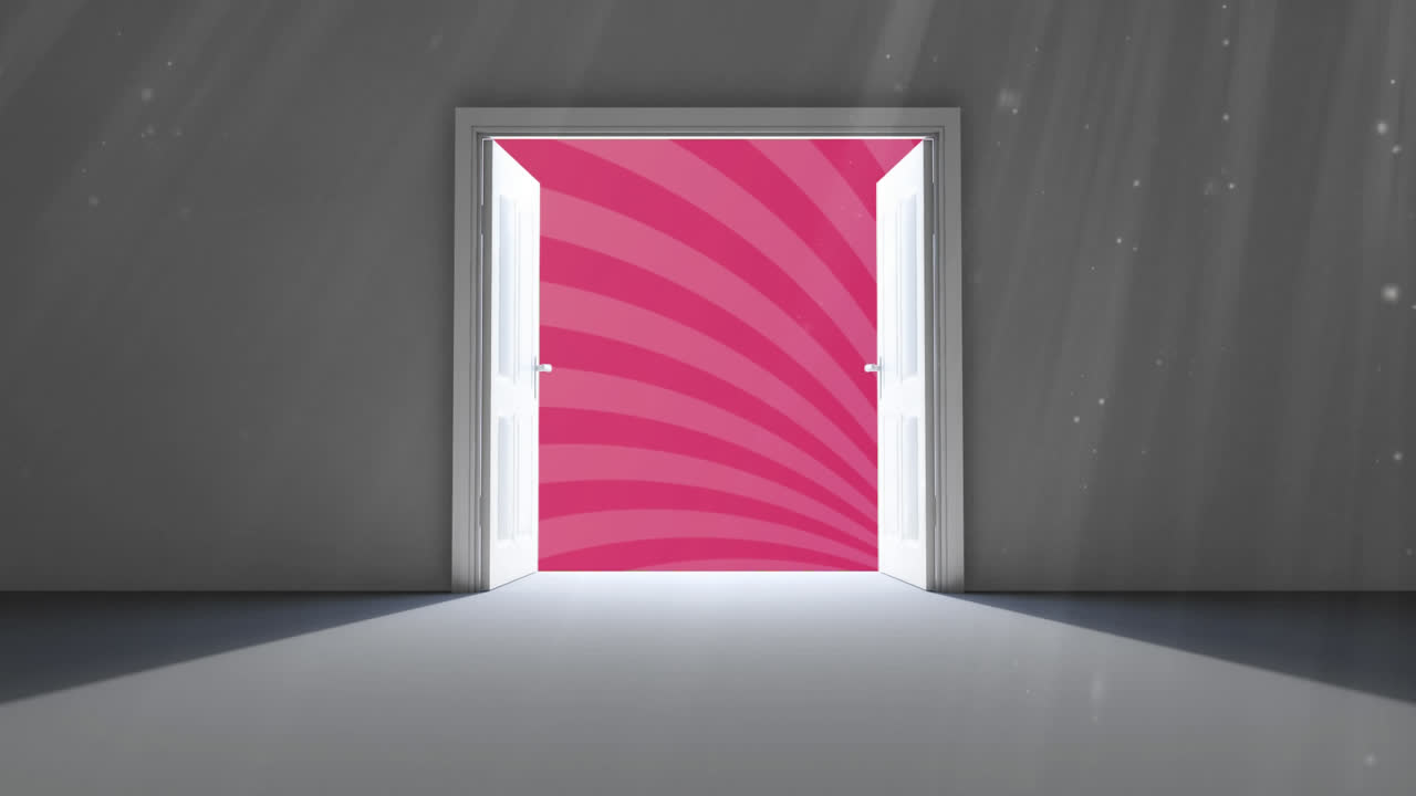 animación de una puerta que revela rayas rosadas giratorias que se mueven en un bucle sin costuras