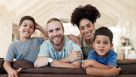 Face,-smile-and-family-in-home-living-room