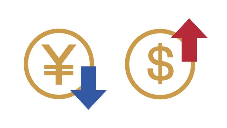 En animeret fremstilling af pile og penge, der viser op- og nedadgående prisbevægelser for yen og dollar