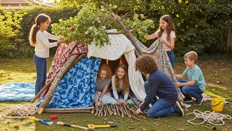 a group of children collaboratively assembling a cozy outdoor fort with blankets, sticks, and imagination in a sunny garden setting