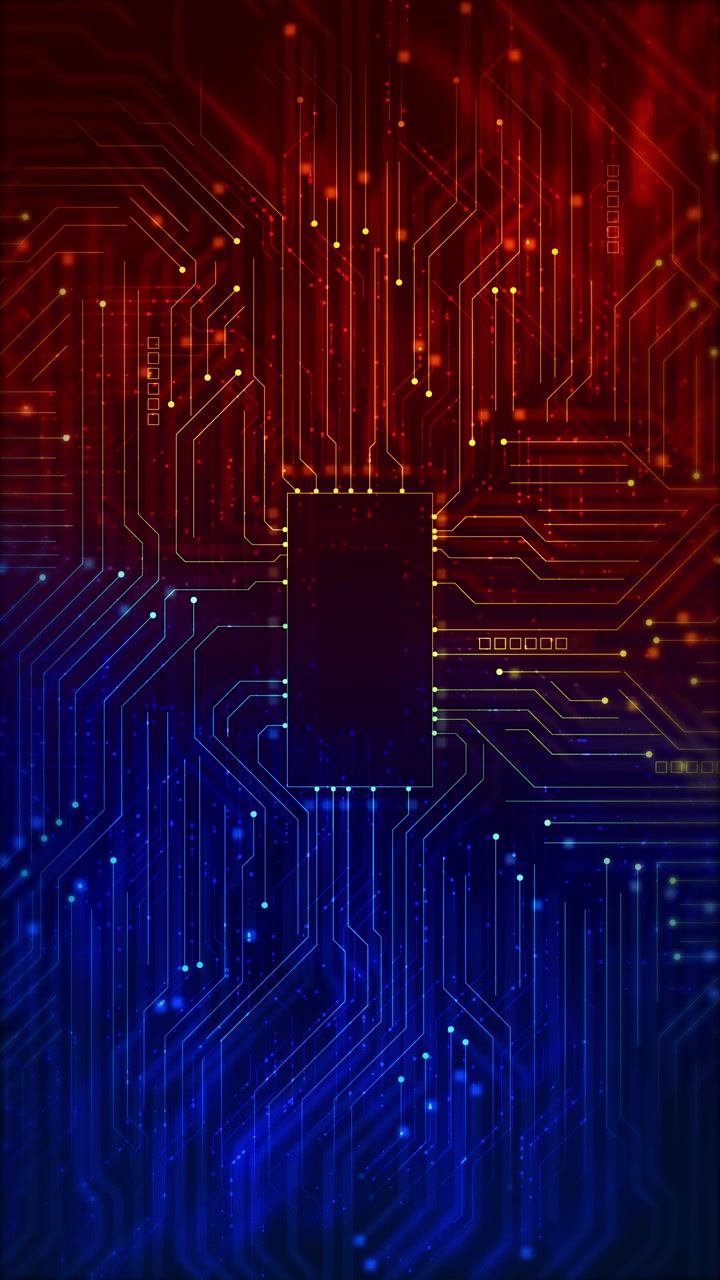 Colorful circuit board processor background with red orange blue and yellow glowing traces around a