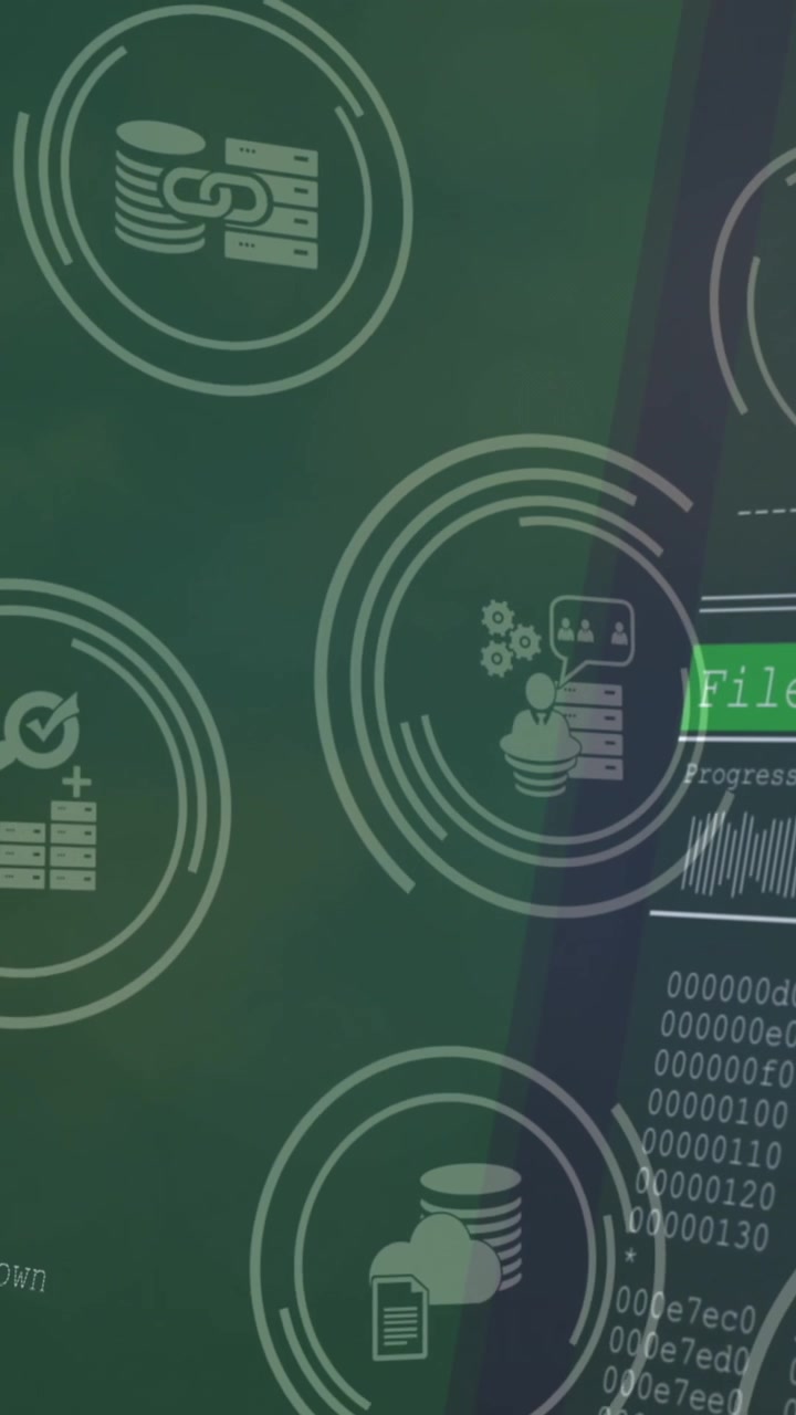 Animation of tech icons and data processing on green digital screens