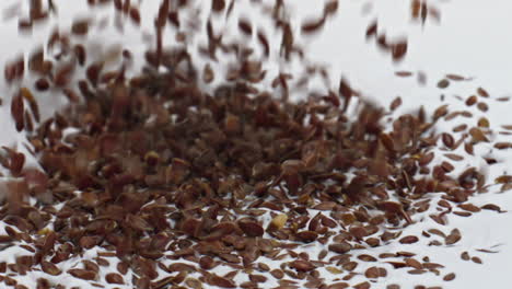 flax seeds falling yogurt in super slow motion close up. super food concept.