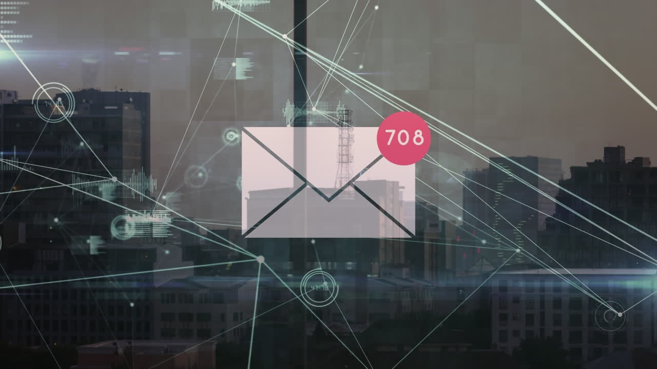 Animation of network of connections with email over cityscape