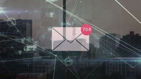 animación de la red de conexiones con correo electrónico a través de cityscape