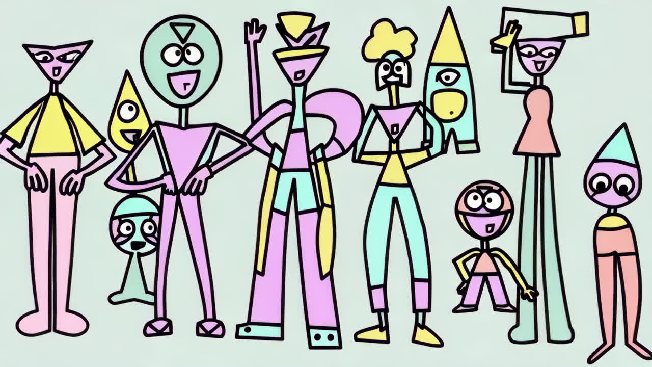 A whimsical group of colorful abstract characters