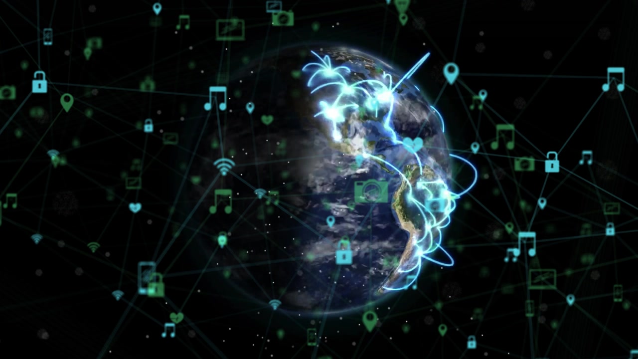Upon starting animation icons appearing around globe, tracing network lines showing data flow
