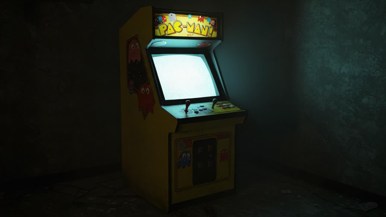 A classic arcade cabinet featuring the iconic Pac-Man game, set against a dimly lit backdrop that enhances its nostalgic and retro appeal in a forgotten environment