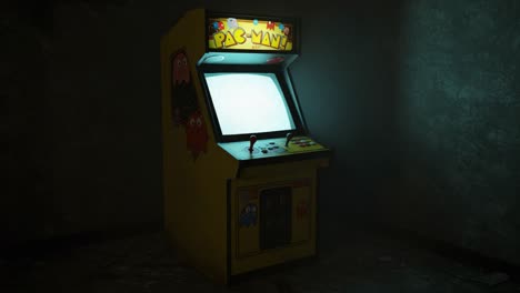 a classic arcade cabinet featuring the iconic pac-man game, set against a dimly lit backdrop that enhances its nostalgic and retro appeal in a forgotten environment