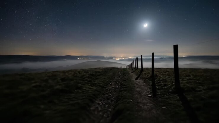 Cielo notturno stellato su una valle nebbiosa con la luna e un sentiero in cima a una collina