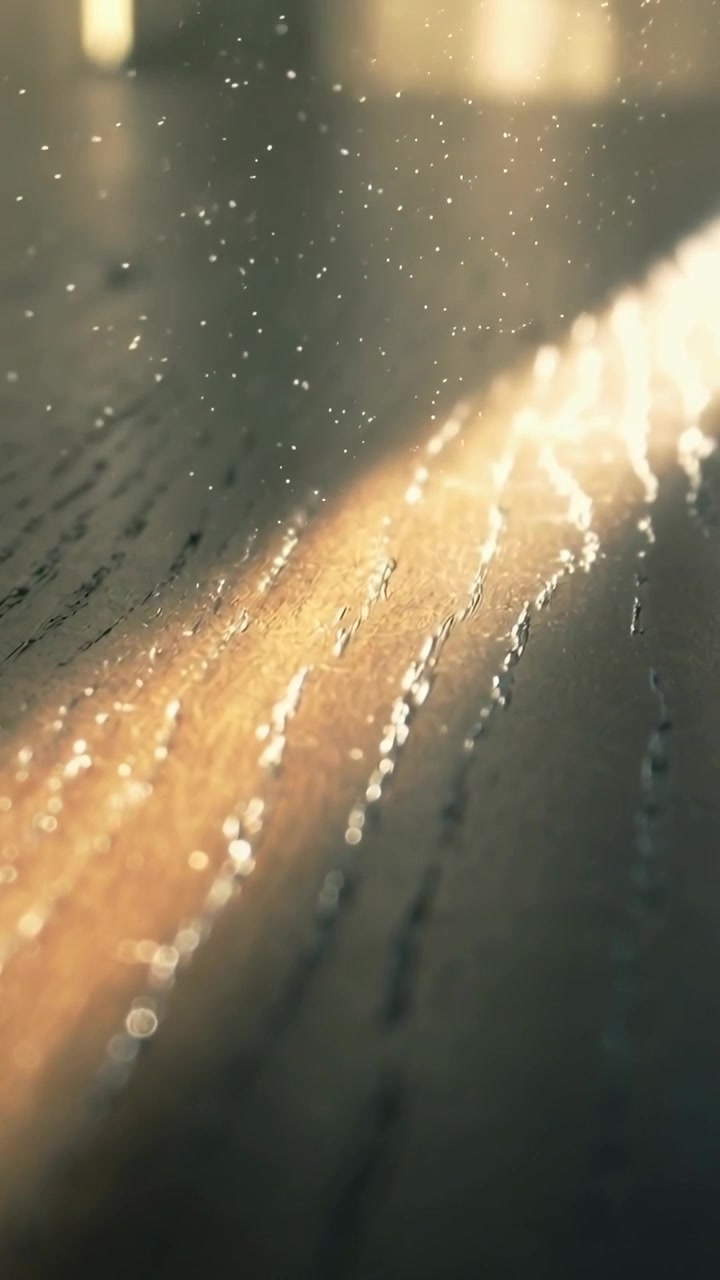 Vertical video: Entering sunbeam from window lighting wood plank in room with drifting dust motes