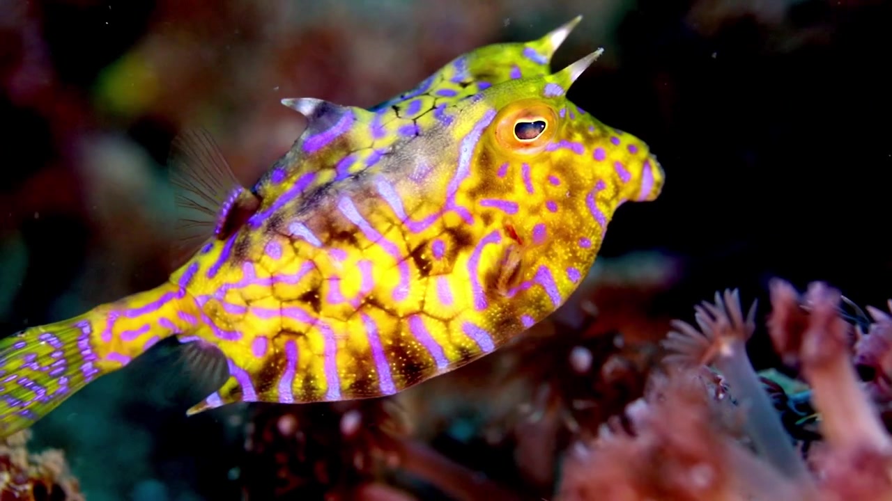 Filmato subacqueo 4K di un colorato pesce scatola cornuto che nuota sopra la barriera corallina nello Stretto di Lembeh, Indonesia