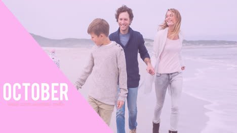 Animation-Des-Pink-Ribbon-Logos-Mit-Brustkrebs-Text-über-Einer-Lächelnden-Familie-Am-Strand