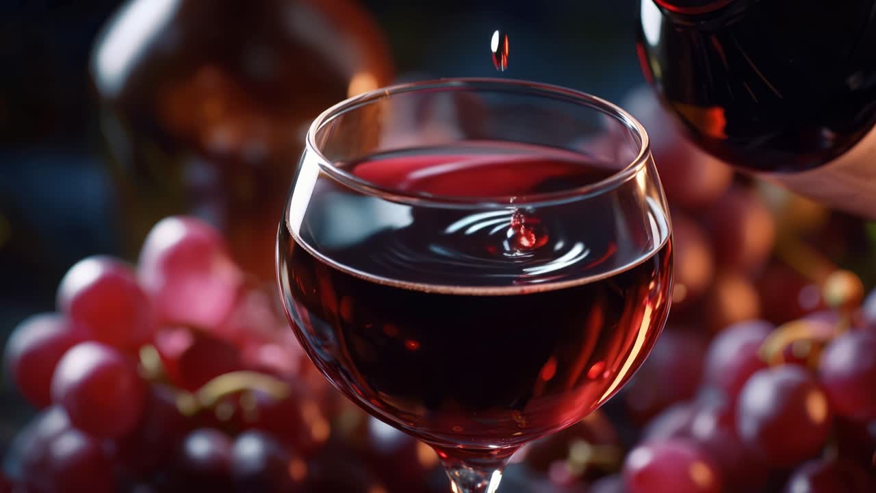 Ricco vino rosso si versa in un calice di cristallo. L'uva brilla delicatamente in una luce calda e soffusa. La scena evoca eleganza e indulgenza. Perfetta per il branding di lusso o temi romantici. Ideale per vino, celebrazioni.