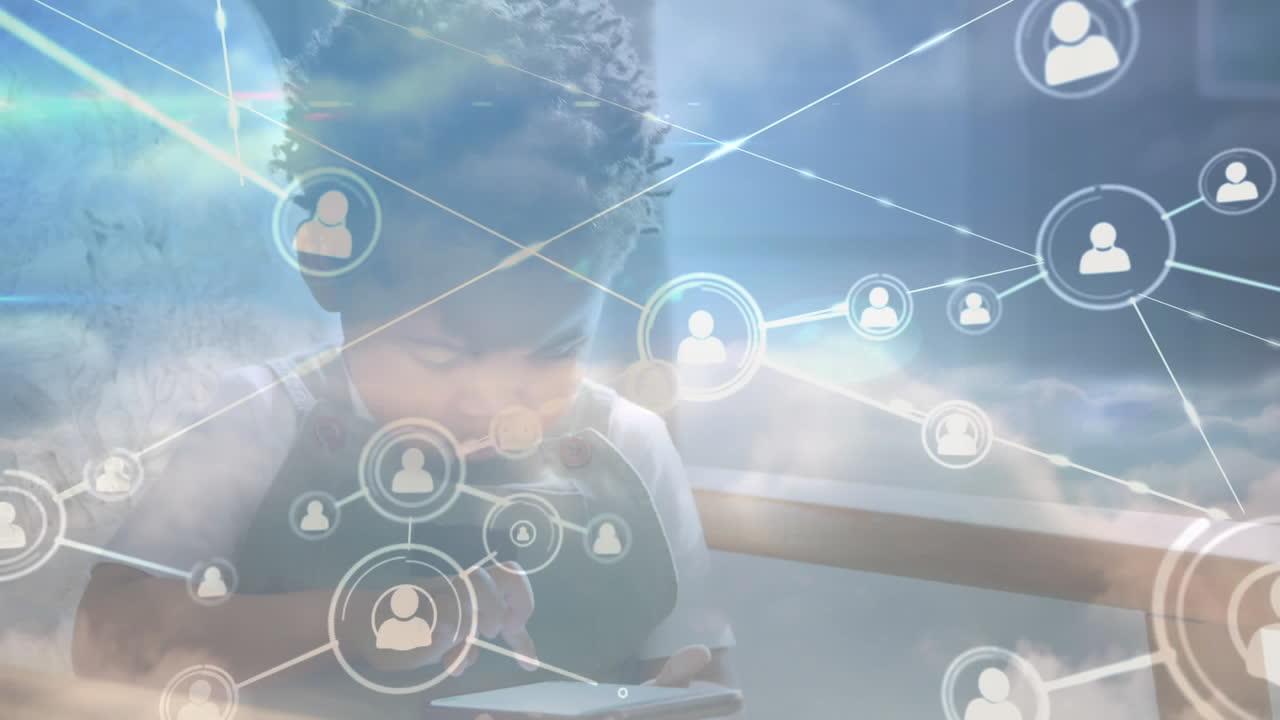 스마트 폰을 사용하는 어린이에 대한 아이콘으로 연결 네트워크의 애니메이션