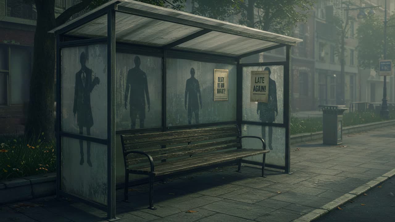 A Mysterious Bus Stop: Evocative Shadows of Waiting Figures and Timeless Messages in a Foggy Urban Landscape