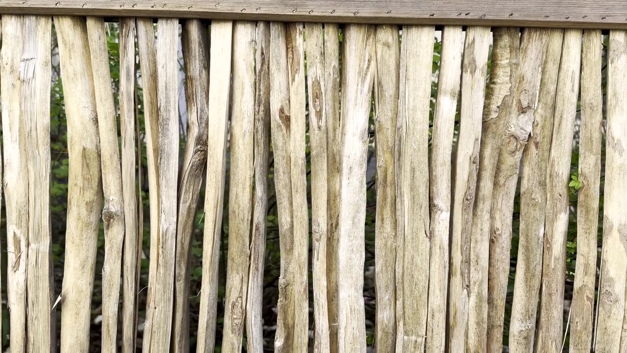 Una valla de madera hecha de ramas de forma irregular; las ramas no están tratadas, toma panorámica.