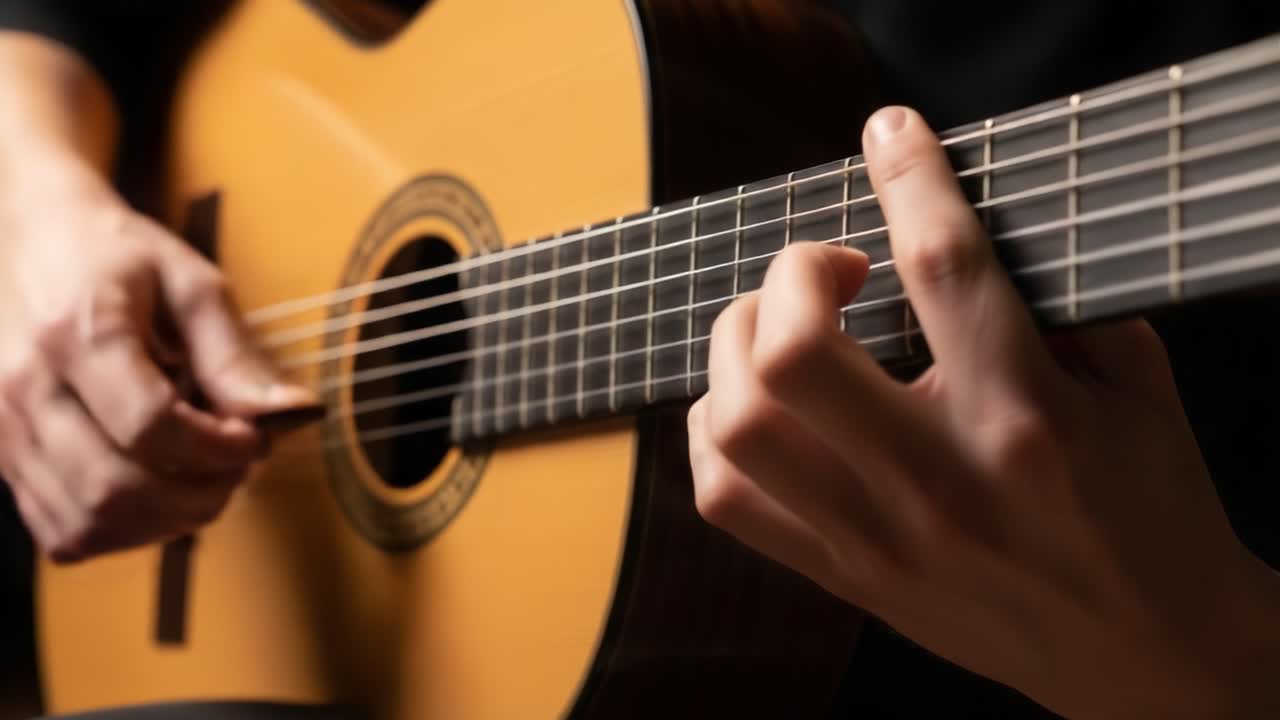 Intimate Close-Up of Fingerstyle Guitar Playing: Capturing the Artistic Elegance of Handmade Wooden Strings Being Strummed with Passion and Precision