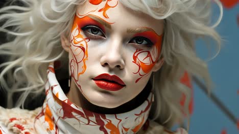 fashion model with striking face paint and creative hairstyle in studio