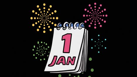 Animation-of-1-jan-text-on-calendar-over-fireworks-exploding-on-black-background