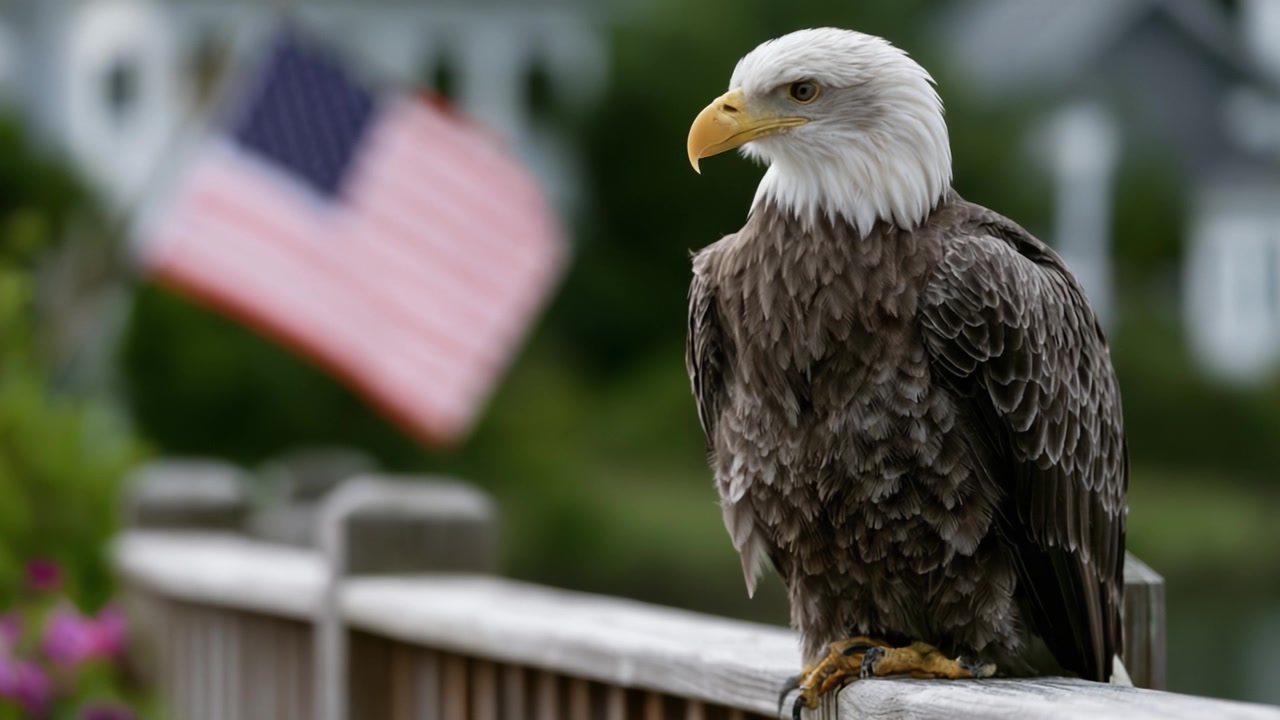Maestosa aquila calva appollaiata su una recinzione di legno con la bandiera americana sullo sfondo, che mostra forza e libertà nello splendore della natura