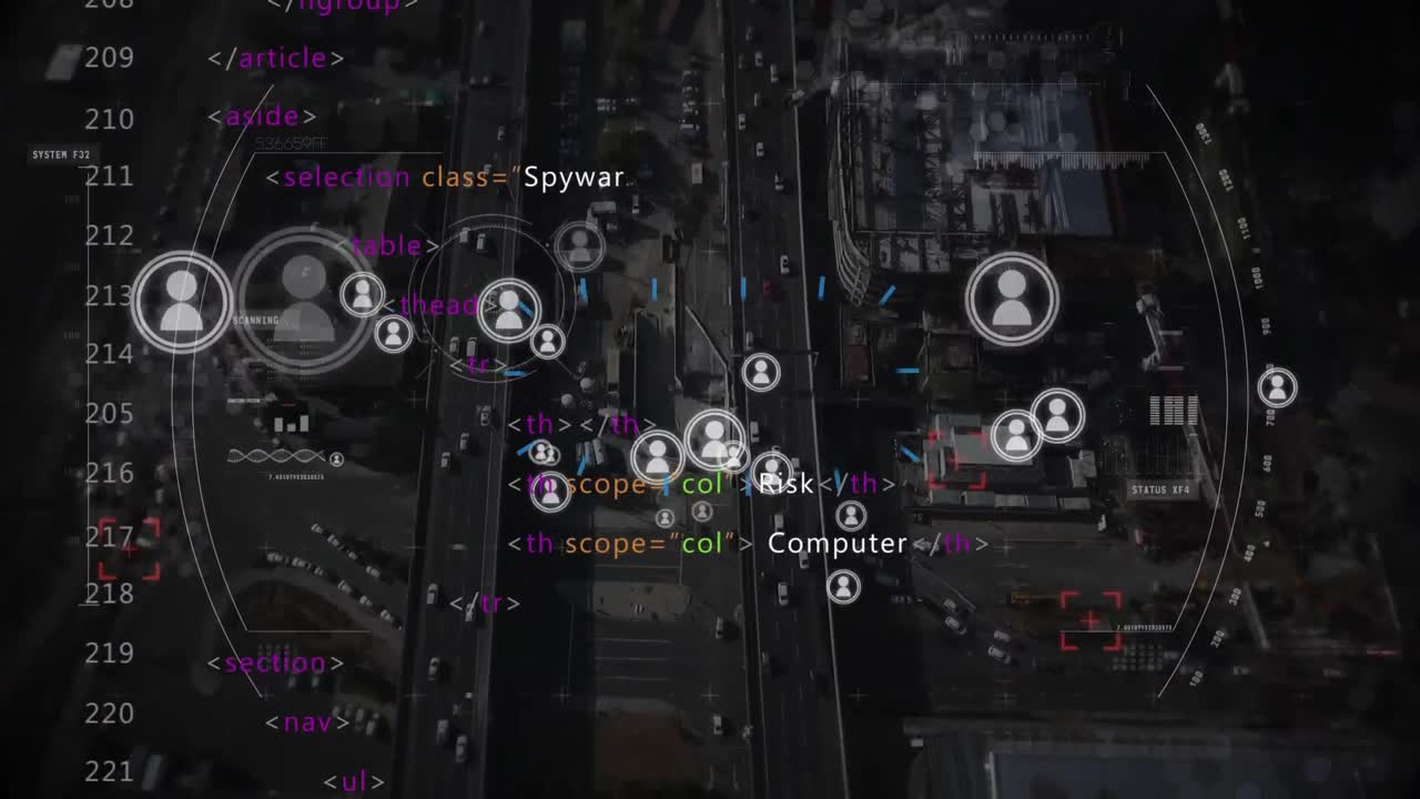 Animation of data processing and media icons over cityscape