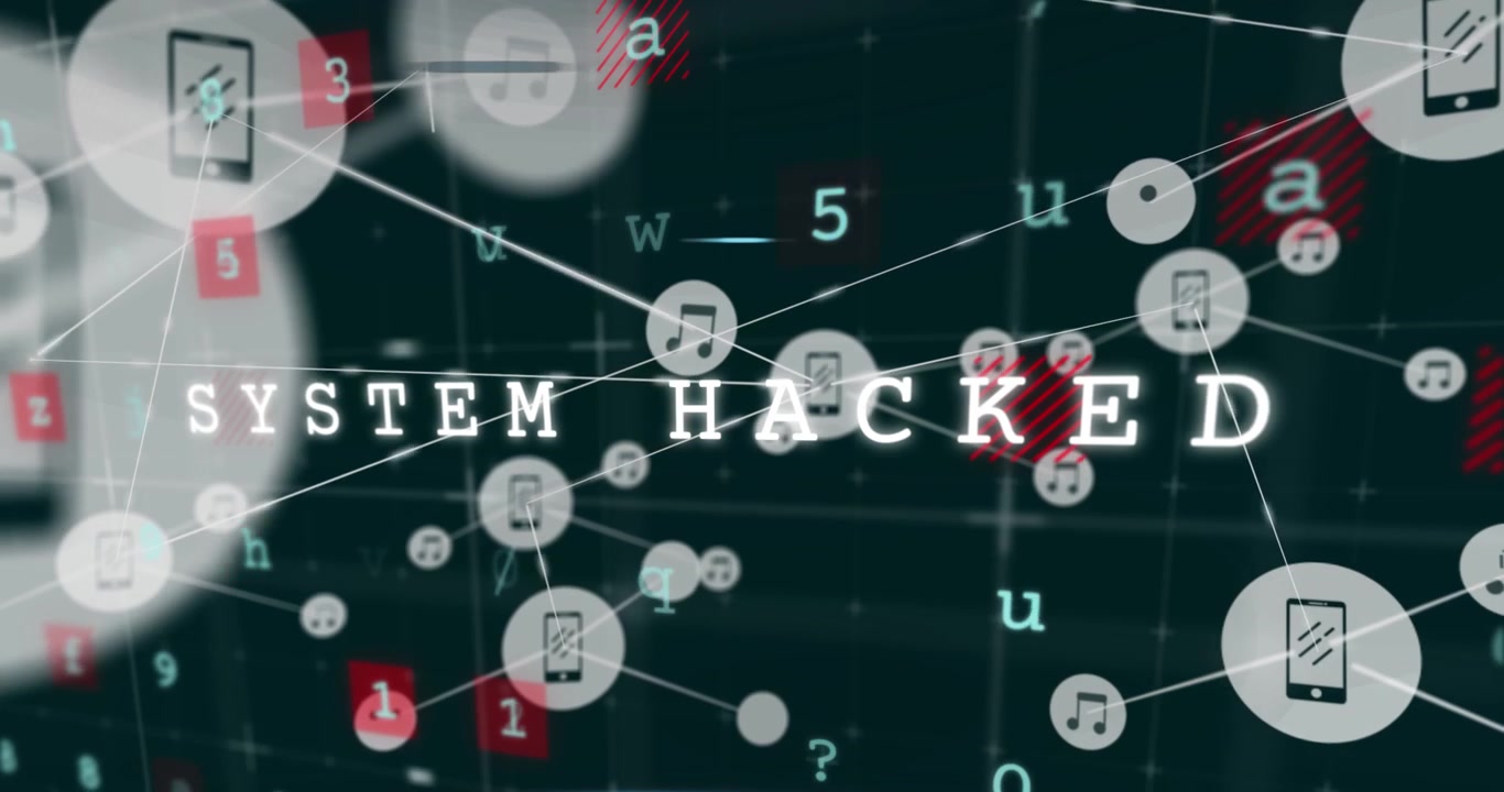Animation af et hacket system, malware, advarselstekst, bogstaver, tal samt forbundne telefon- og musikikoner.