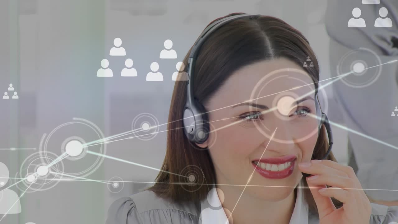 Animação de conexões com ícones sobre empresária usando fone de ouvido